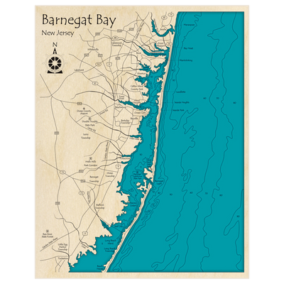 Bathymetric topo map of Barnegat Bay with roads, towns and depths noted in blue water