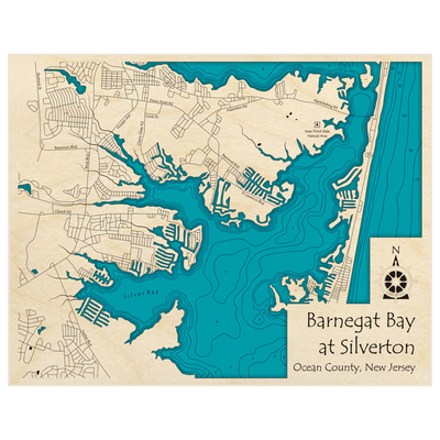 Bathymetric topo map of Barnegat Bay (at Silverton) with roads, towns and depths noted in blue water