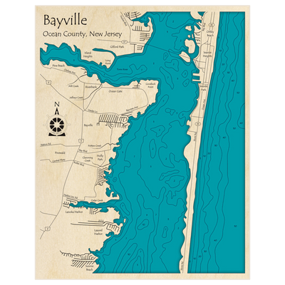 Bathymetric topo map of Bayville Region with roads, towns and depths noted in blue water