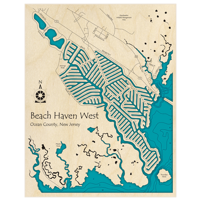 Bathymetric topo map of Beach Haven West with roads, towns and depths noted in blue water