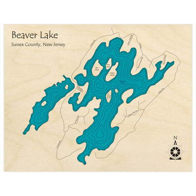 Bathymetric topo map of Beaver Lake  with roads, towns and depths noted in blue water