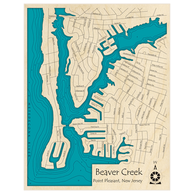 Bathymetric topo map of Beaver Dam Creek with roads, towns and depths noted in blue water