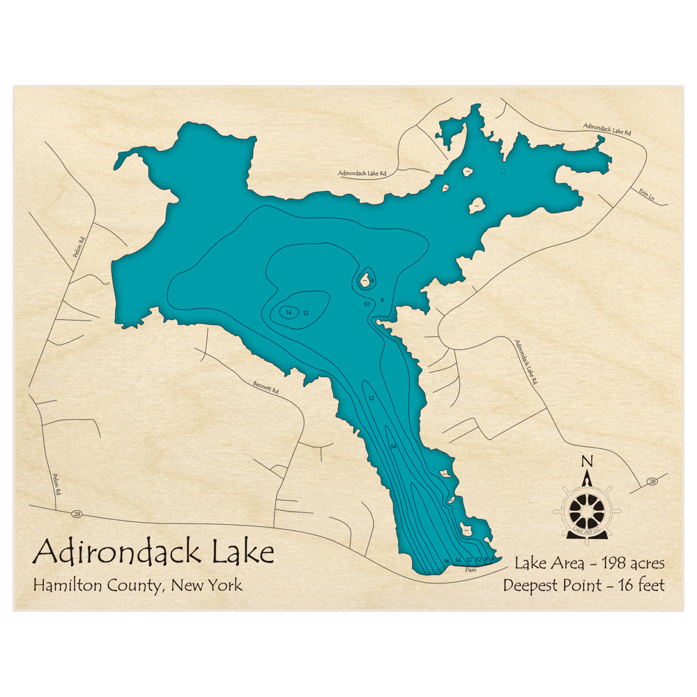 Bathymetric topo map of Adirondack Lake with roads, towns and depths noted in blue water