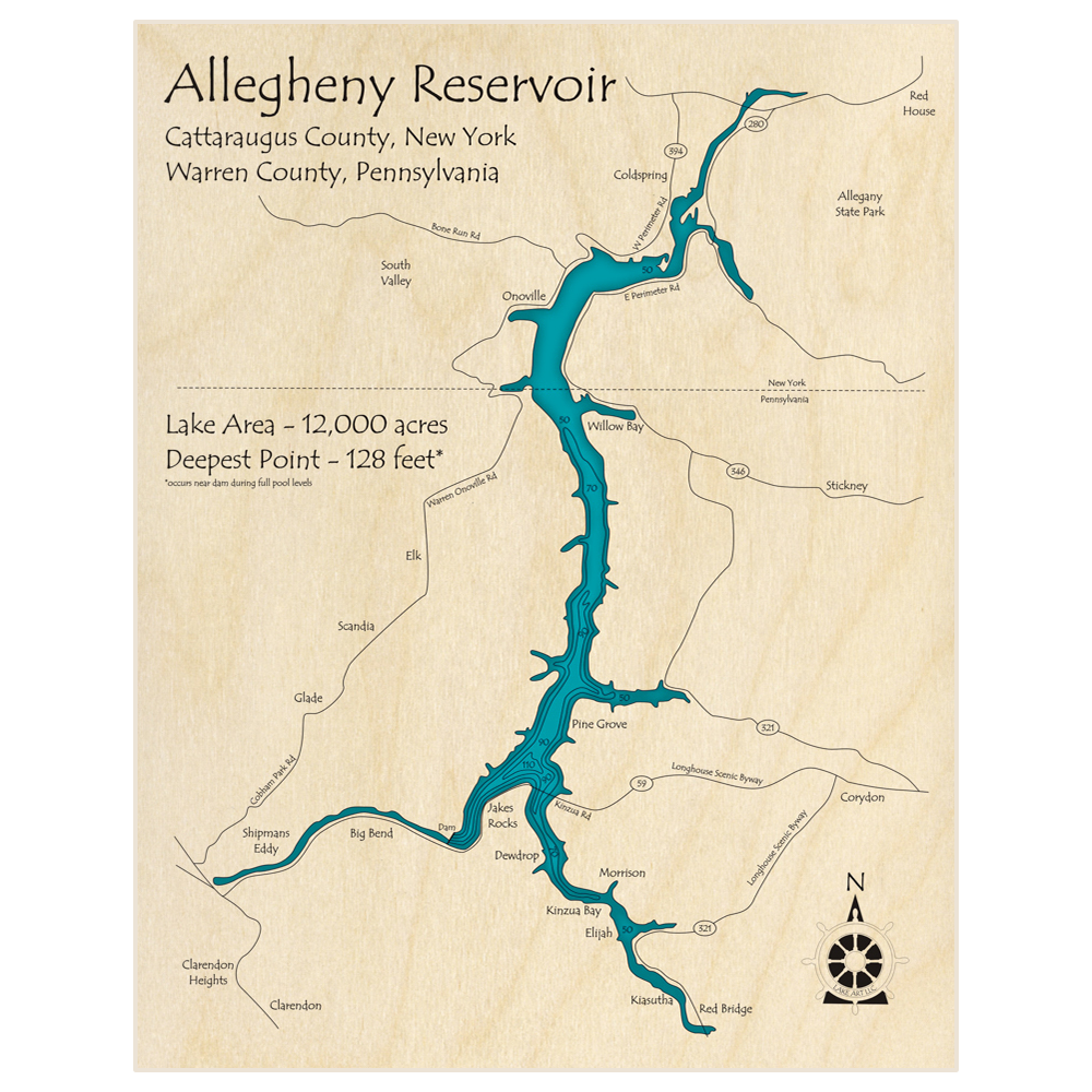 Bathymetric topo map of Allegheny Reservoir with roads, towns and depths noted in blue water