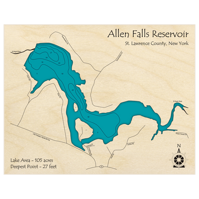 Bathymetric topo map of Allen Falls Reservoir with roads, towns and depths noted in blue water