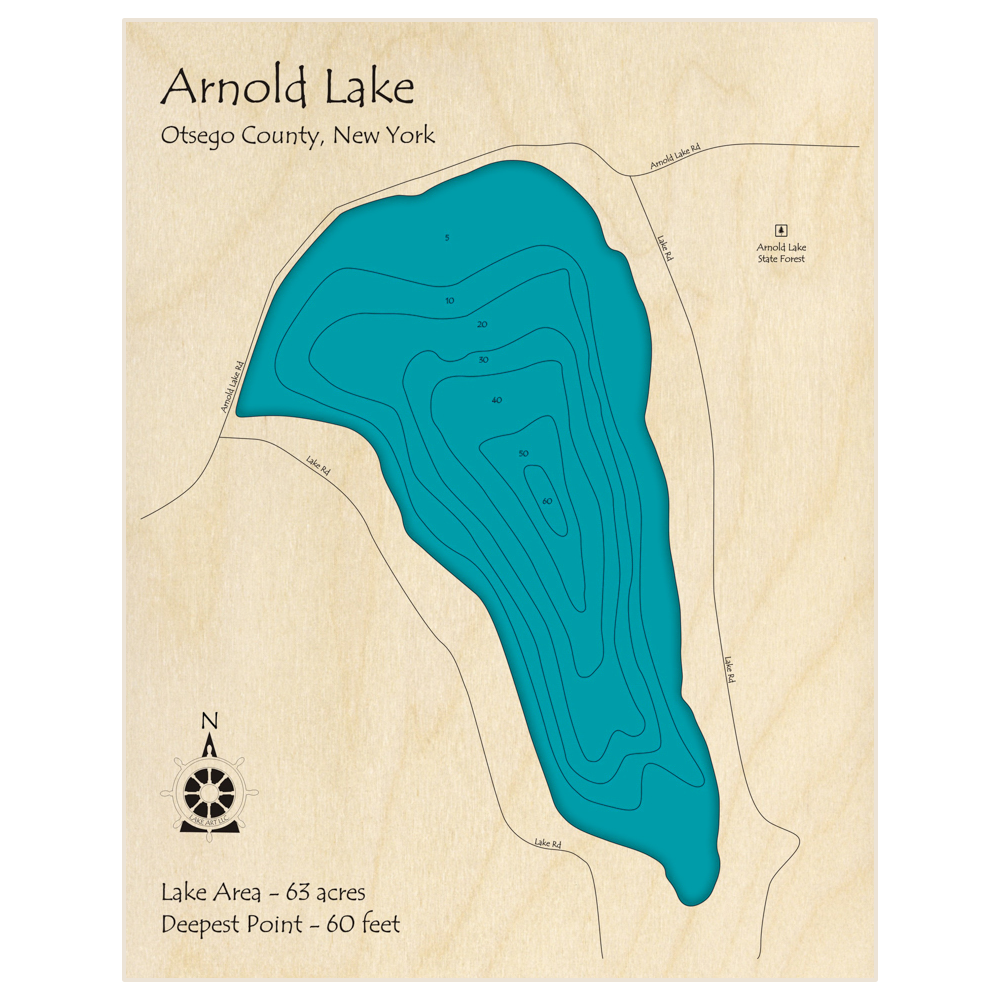 Bathymetric topo map of Arnold Lake with roads, towns and depths noted in blue water