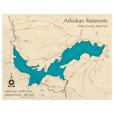 Bathymetric topo map of Ashokan Reservoir with roads, towns and depths noted in blue water