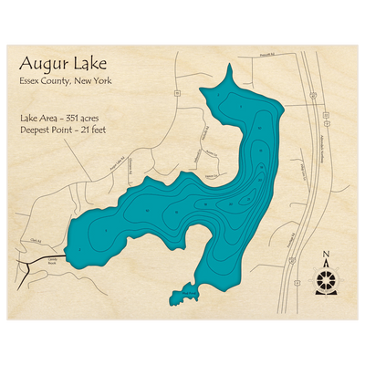 Bathymetric topo map of Augur Lake with roads, towns and depths noted in blue water