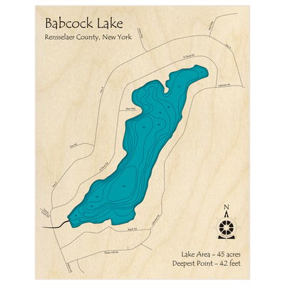Bathymetric topo map of Babcock Lake with roads, towns and depths noted in blue water