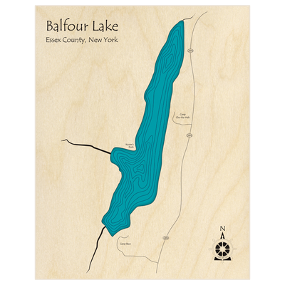 Bathymetric topo map of Balfour Lake with roads, towns and depths noted in blue water