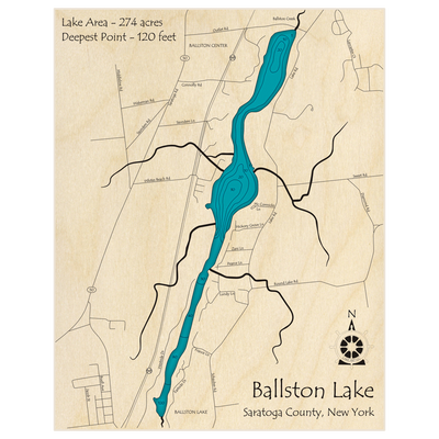 Bathymetric topo map of Ballston Lake with roads, towns and depths noted in blue water