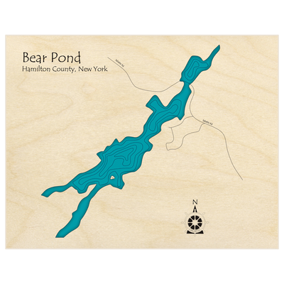 Bathymetric topo map of Bear Pond  with roads, towns and depths noted in blue water