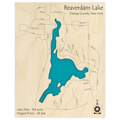 Bathymetric topo map of Beaverdam Lake with roads, towns and depths noted in blue water