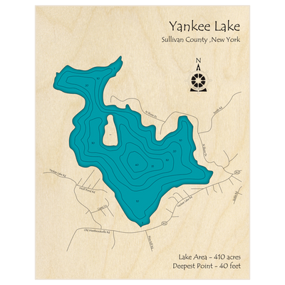Bathymetric topo map of Yankee Lake with roads, towns and depths noted in blue water