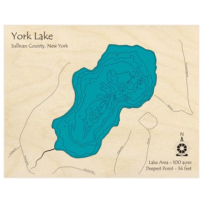 Bathymetric topo map of York Lake with roads, towns and depths noted in blue water