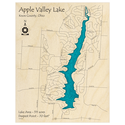 Bathymetric topo map of Apple Valley Lake with roads, towns and depths noted in blue water