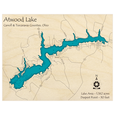Bathymetric topo map of Atwood Lake with roads, towns and depths noted in blue water