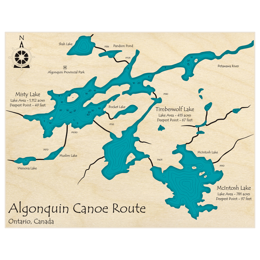 Bathymetric topo map of Algonquin Park Canoe Route (Misty Timberwolf McIntosh) with roads, towns and depths noted in blue water