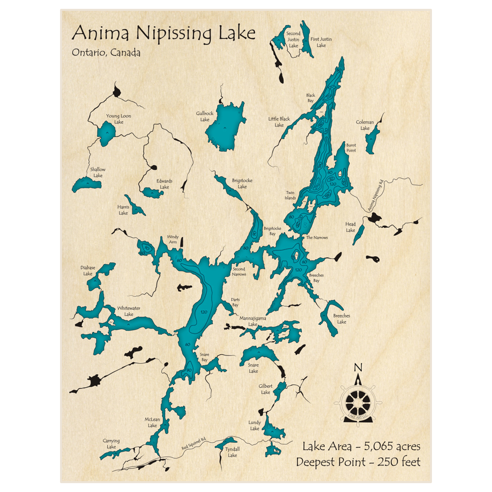 Bathymetric topo map of Anima Nipissing Lake with roads, towns and depths noted in blue water