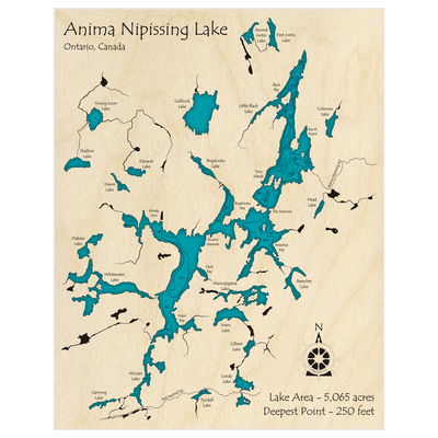 Bathymetric topo map of Anima Nipissing Lake with roads, towns and depths noted in blue water