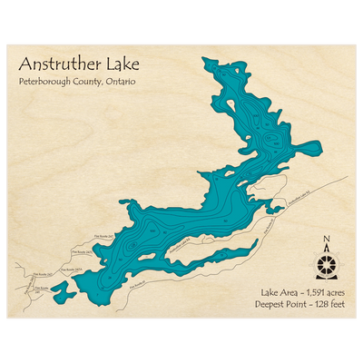 Bathymetric topo map of Anstruther Lake (in Feet) with roads, towns and depths noted in blue water