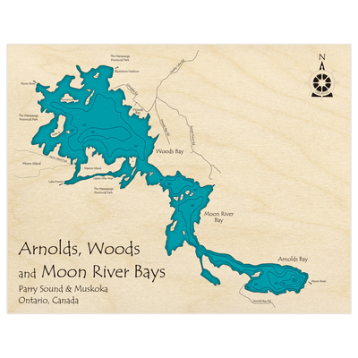 Bathymetric topo map of Arnolds Bay (With Woods and Moon River Bays) with roads, towns and depths noted in blue water