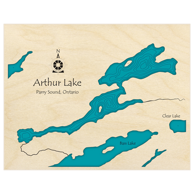 Bathymetric topo map of Arthur Lake  with roads, towns and depths noted in blue water