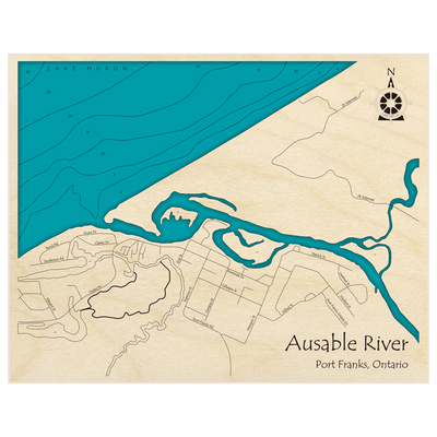 Bathymetric topo map of Ausable River at Port Franks with roads, towns and depths noted in blue water