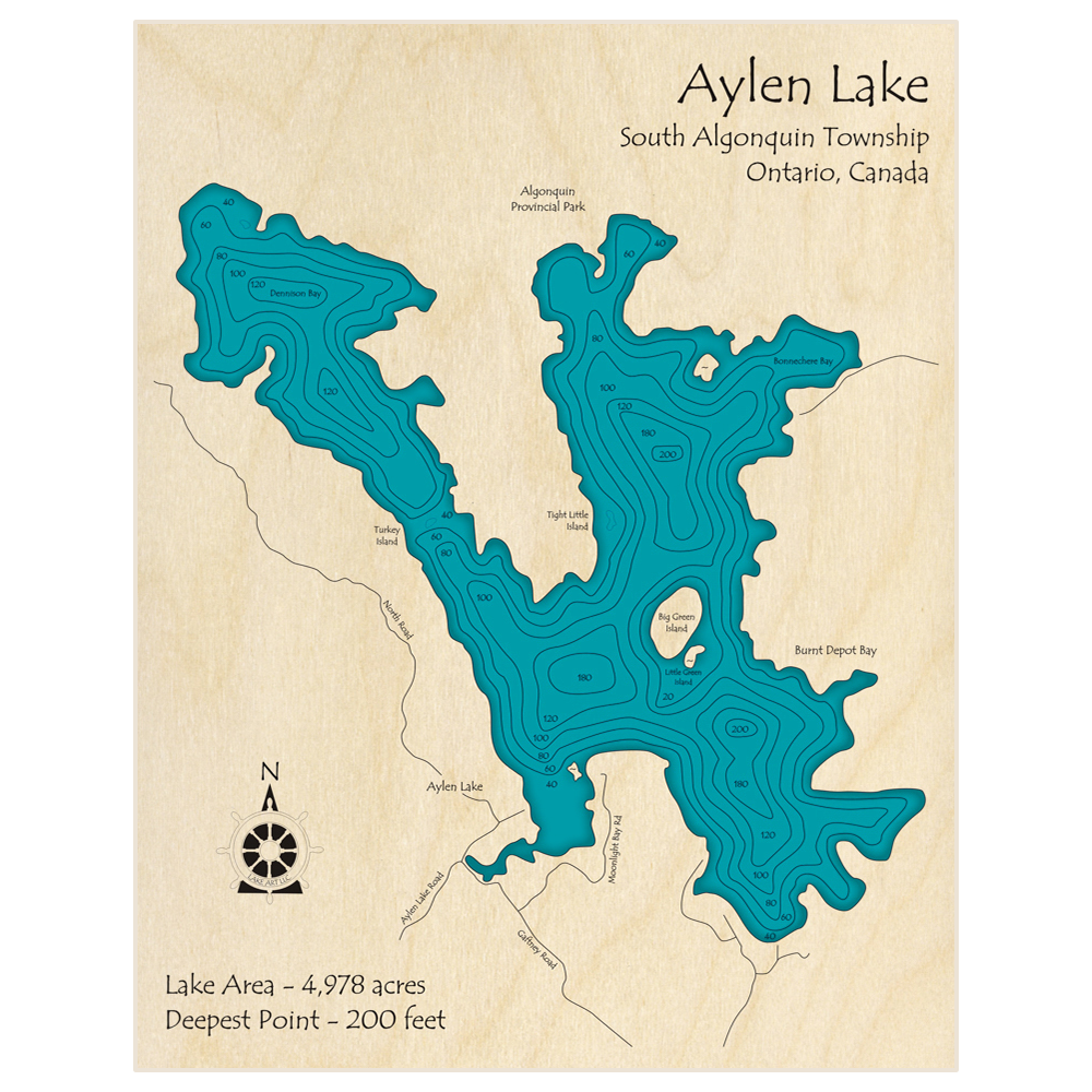 Bathymetric topo map of Aylen Lake with roads, towns and depths noted in blue water