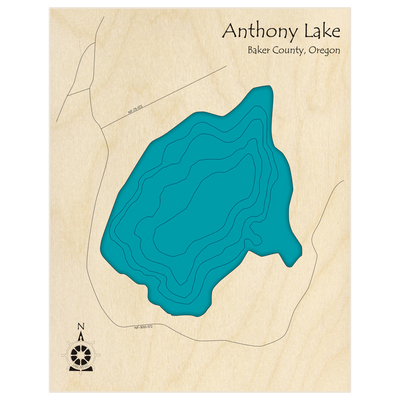 Bathymetric topo map of Anthony Lake  with roads, towns and depths noted in blue water