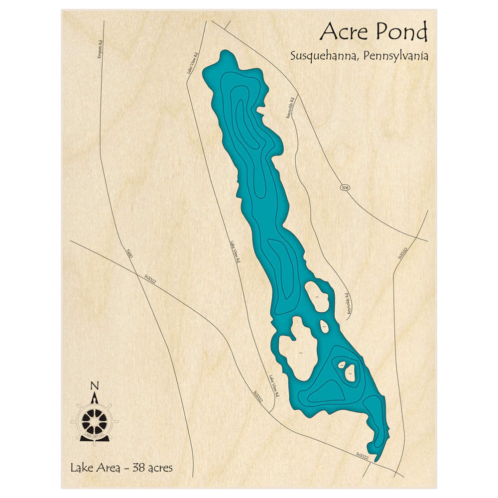 Bathymetric topo map of Acre Pond  with roads, towns and depths noted in blue water