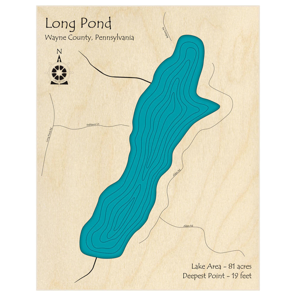 Bathymetric topo map of Alden Pond (Long Pond)  with roads, towns and depths noted in blue water