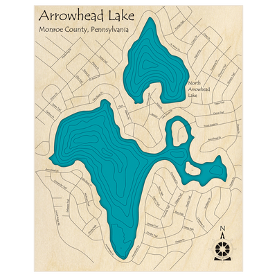 Bathymetric topo map of Arrowhead with North Arrowhead  with roads, towns and depths noted in blue water