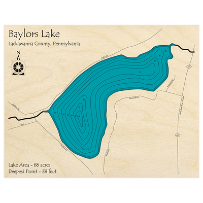 Bathymetric topo map of Baylors Pond with roads, towns and depths noted in blue water