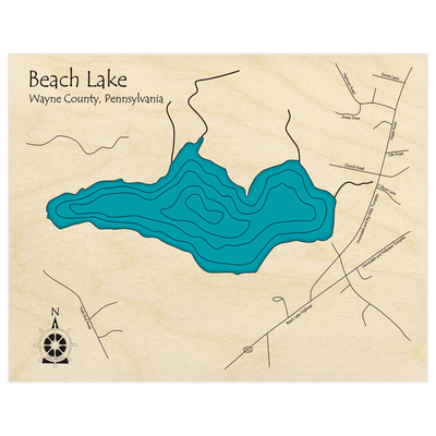 Bathymetric topo map of Beach Lake  with roads, towns and depths noted in blue water