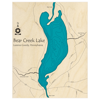 Bathymetric topo map of Bear Creek Lake with roads, towns and depths noted in blue water