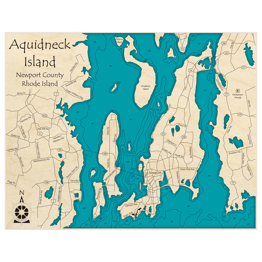 Bathymetric topo map of Aquidneck Island with roads, towns and depths noted in blue water