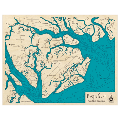 Bathymetric topo map of Beaufort (St Helena Sound and Port Royal Sound) (LANDSCAPE) with roads, towns and depths noted in blue water