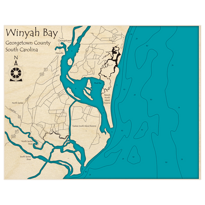 Bathymetric topo map of Winyah Bay with roads, towns and depths noted in blue water