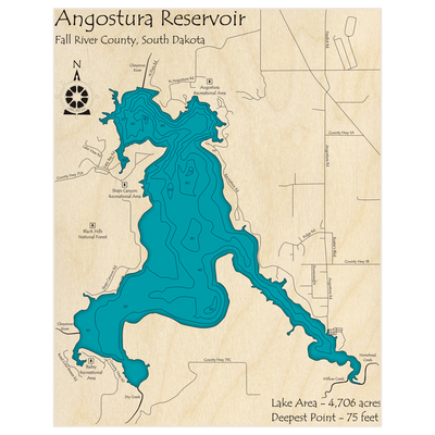 Bathymetric topo map of Angostura Reservoir with roads, towns and depths noted in blue water