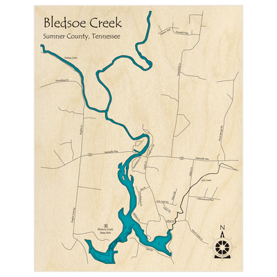 Bathymetric topo map of Bledsoe Creek near HWY 25 (NOT A 3D MAP) with roads, towns and depths noted in blue water