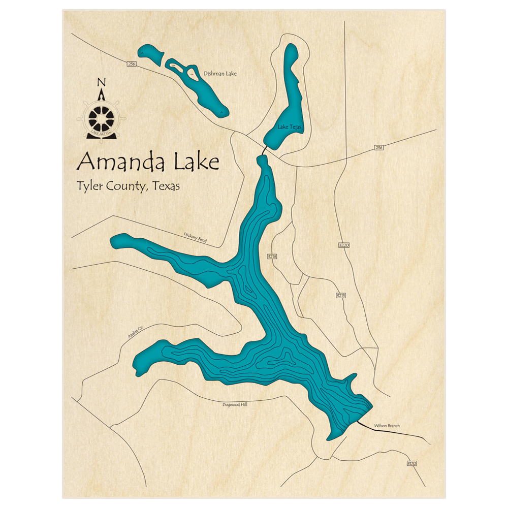 Bathymetric topo map of Amanda Lake  with roads, towns and depths noted in blue water