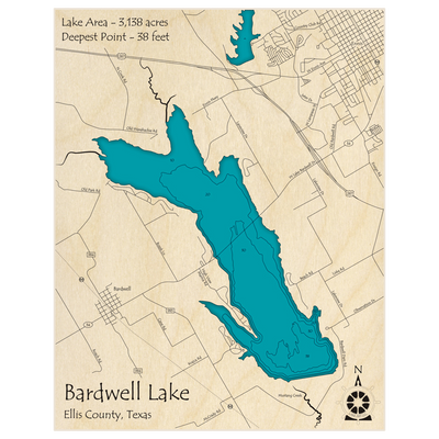 Bathymetric topo map of Bardwell Lake with roads, towns and depths noted in blue water