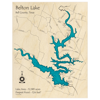 Bathymetric topo map of Belton Lake with roads, towns and depths noted in blue water