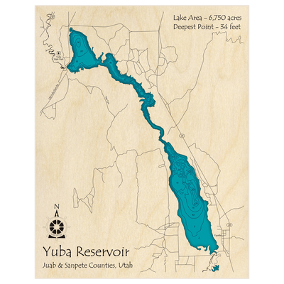 Bathymetric topo map of Yuba Reservoir with roads, towns and depths noted in blue water