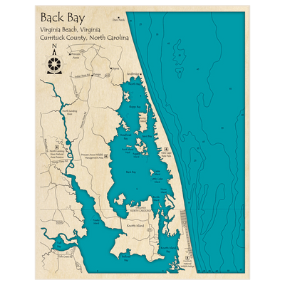 Bathymetric topo map of Back Bay with roads, towns and depths noted in blue water