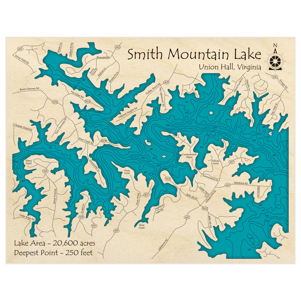 Smith Mountain Lake 3D Custom Wood Map Lake Art LLC