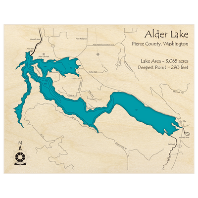 Bathymetric topo map of Alder Lake with roads, towns and depths noted in blue water