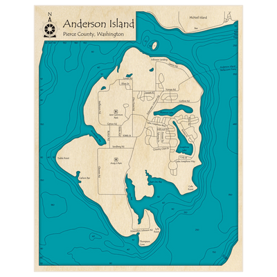 Bathymetric topo map of Anderson Island with roads, towns and depths noted in blue water