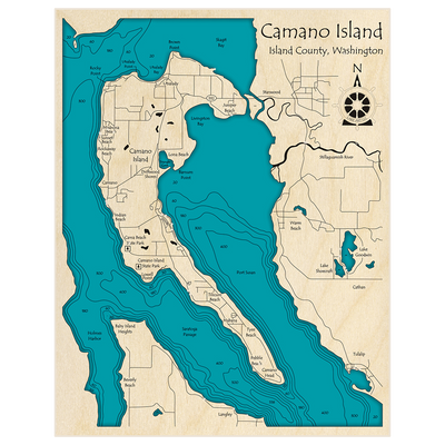 Bathymetric topo map of Camano Island with roads, towns and depths noted in blue water